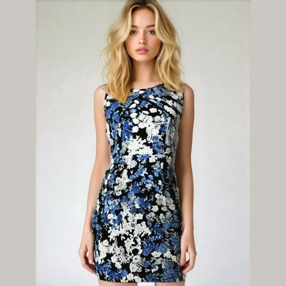 H&M Blue & Black Floral Jacquard Cocktail Sheath Dress Mini Luxe Dress Size 12